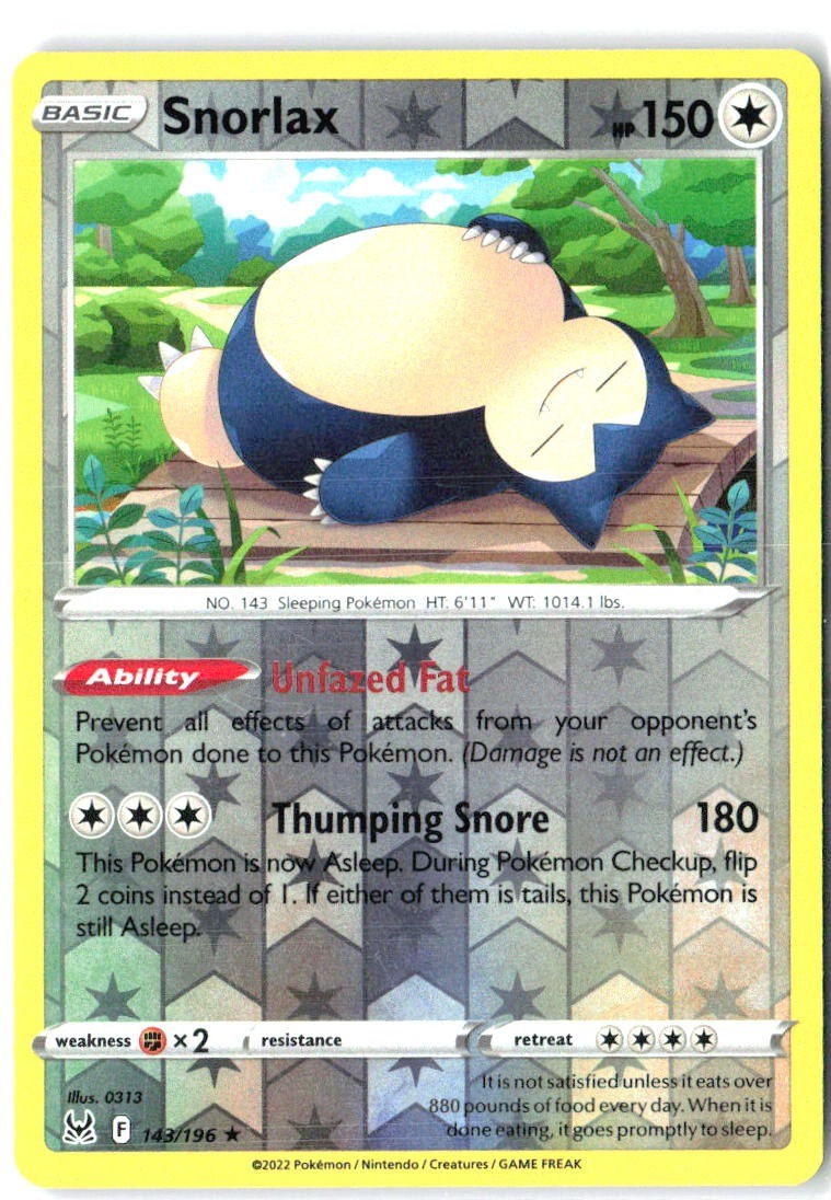 Snorlax 143/196 Rare Lost Origin Pokemon Reverse Holo Near Mint0