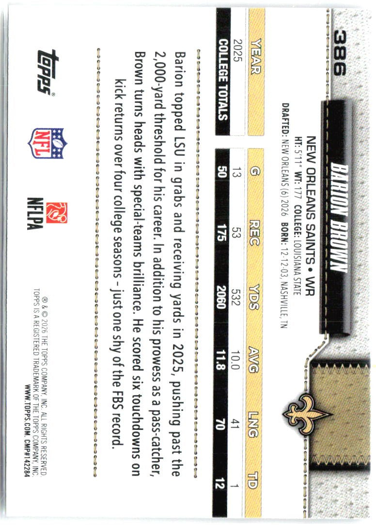 2026 Topps Flagship #386 Barion Brown1