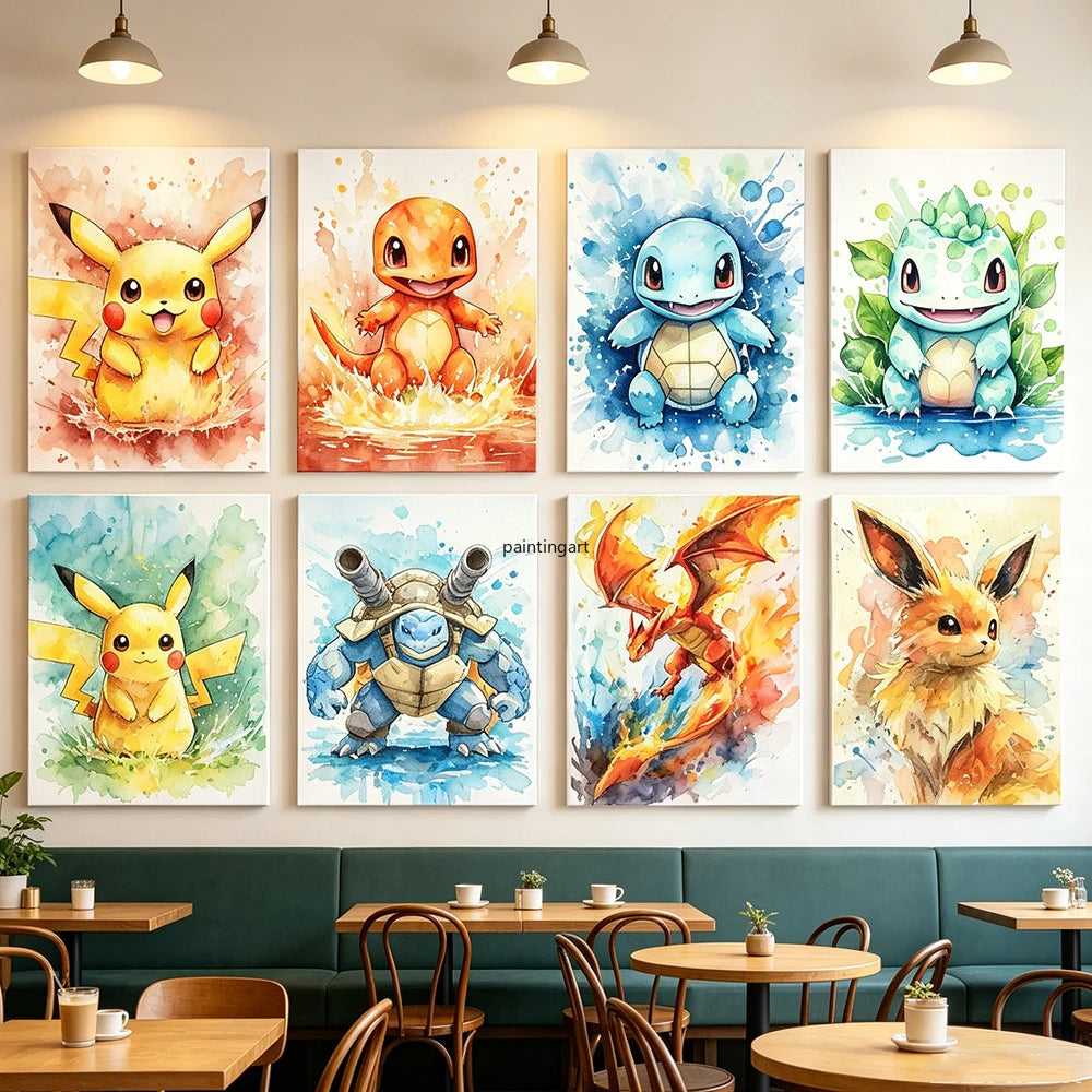 Watercolor Pokemon Canvas Wall Art Pikachu Charmander Squirtle Bulbasaur Charizard Blastoise Anime Poster Kid Nursery Room Decor