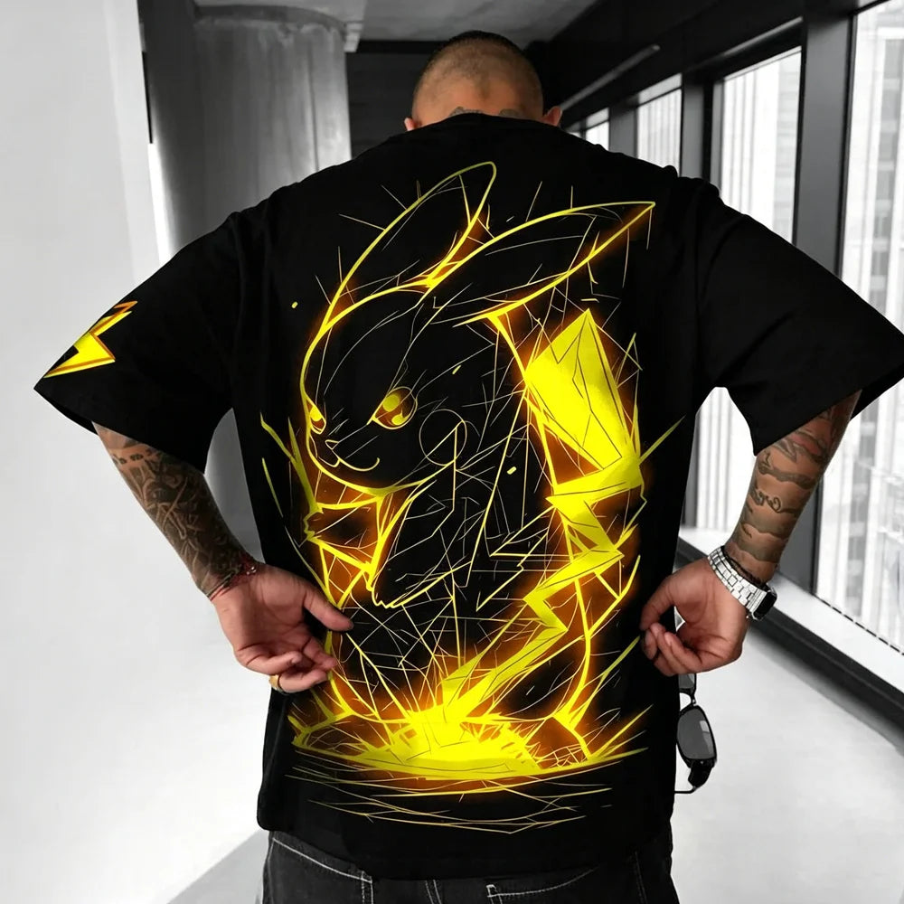 2026 Summer Pokemon Cotton T Shirt Pikachu Front Print Yellow Lightning Effects Black Tops Loose Fit Men Casual Streetwear