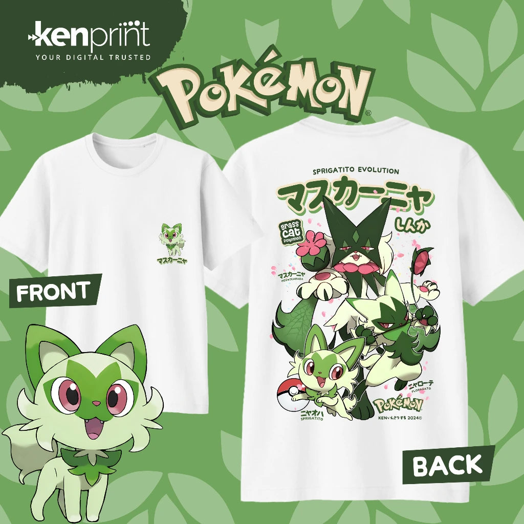 2026 Summer Hot Sale Pokemon Sprigatito Evolution Cotton T-Shirt, Loose Casual Sport Tee for Adults Kids, Family Matching Tops