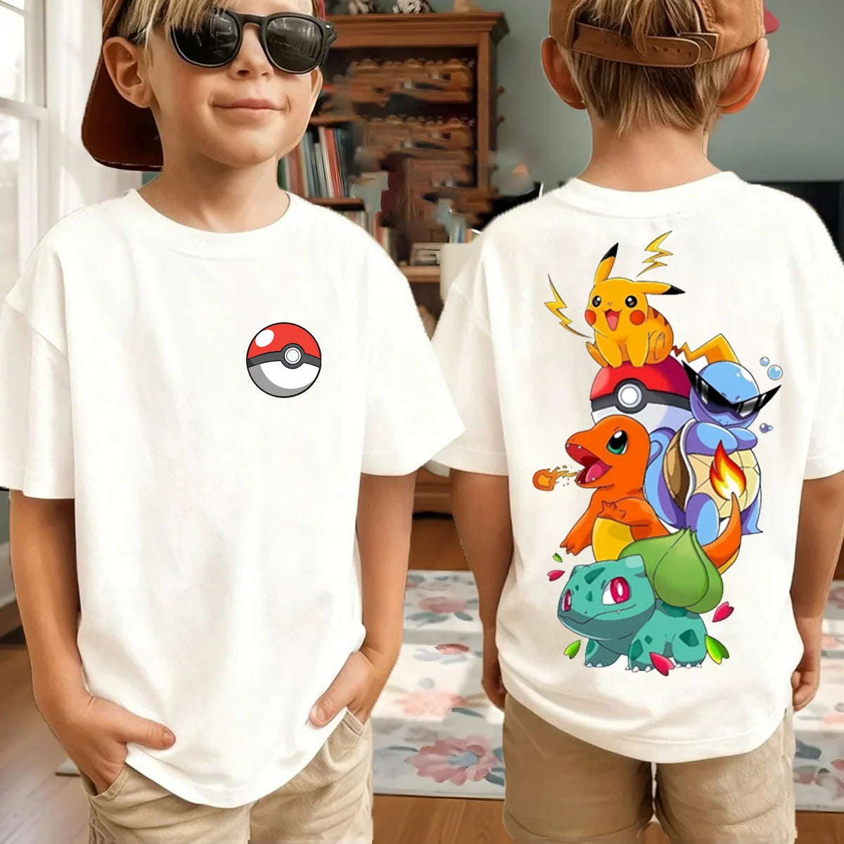 New Anime Pokemon Cosplay T Shirt Pure Cotton Short Sleeve Retro Loose Casual Family Matching Outfits For Men Women Kids