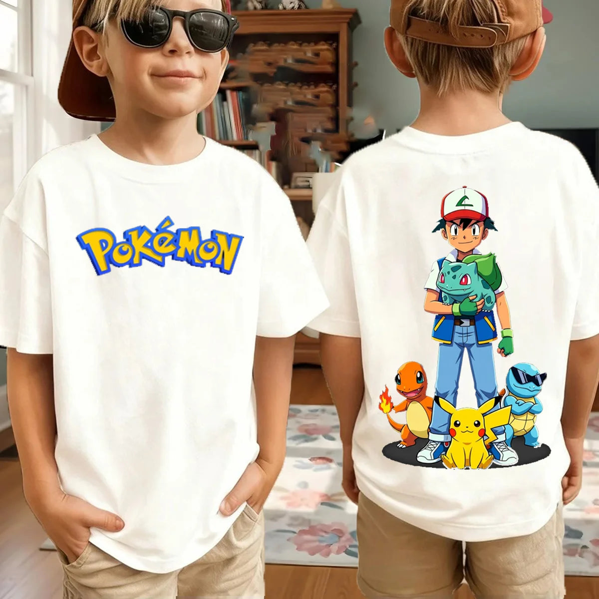 New Anime Pokemon Cosplay T Shirt Pure Cotton Short Sleeve Retro Loose Casual Family Matching Outfits For Men Women Kids