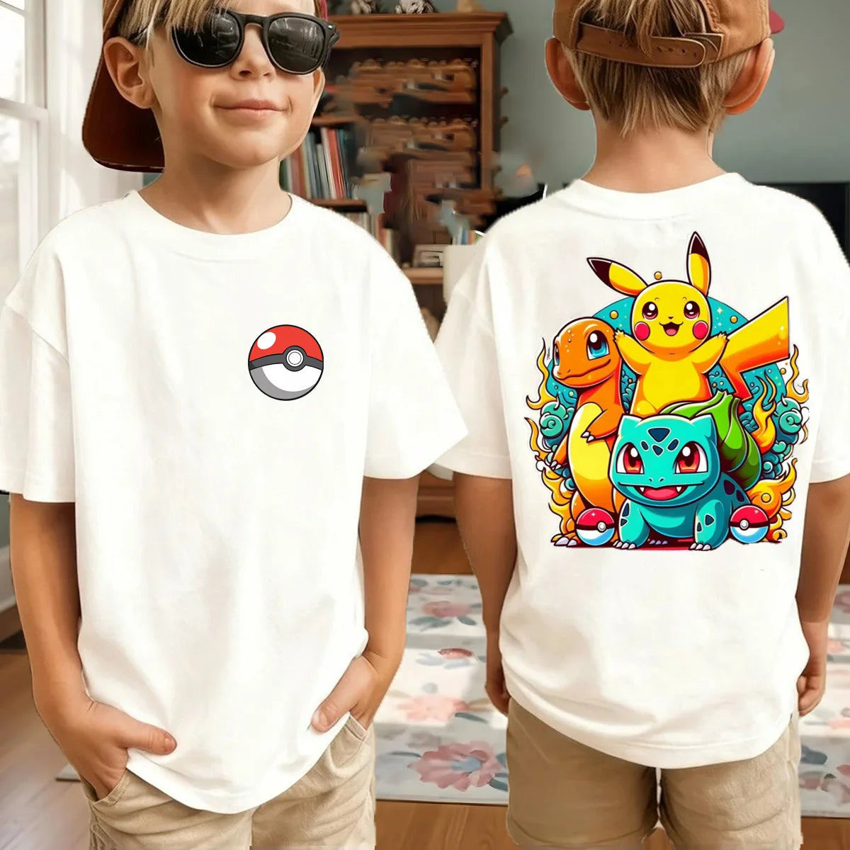 New Anime Pokemon Cosplay T Shirt Pure Cotton Short Sleeve Retro Loose Casual Family Matching Outfits For Men Women Kids