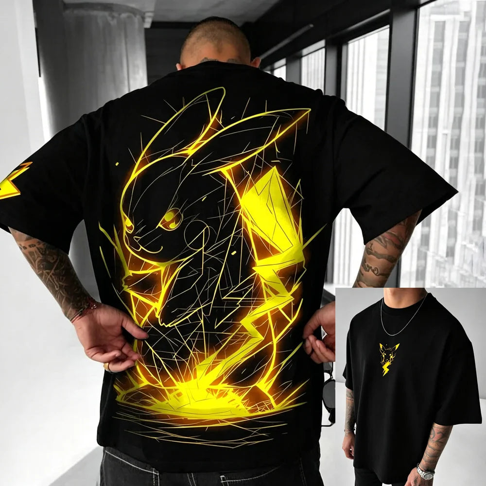2026 Summer Pokemon Cotton T Shirt Pikachu Front Print Yellow Lightning Effects Black Tops Loose Fit Men Casual Streetwear