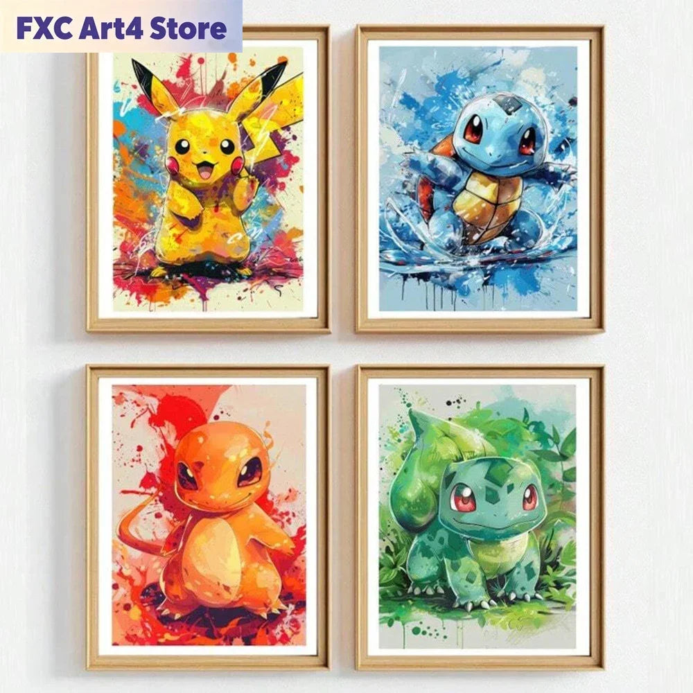 Frameless Anime Pokemon Pikachu Charmander Bulbasaur Squirtle Poster HD Canvas Painting Home Living Room Painting Wall Art  Gift