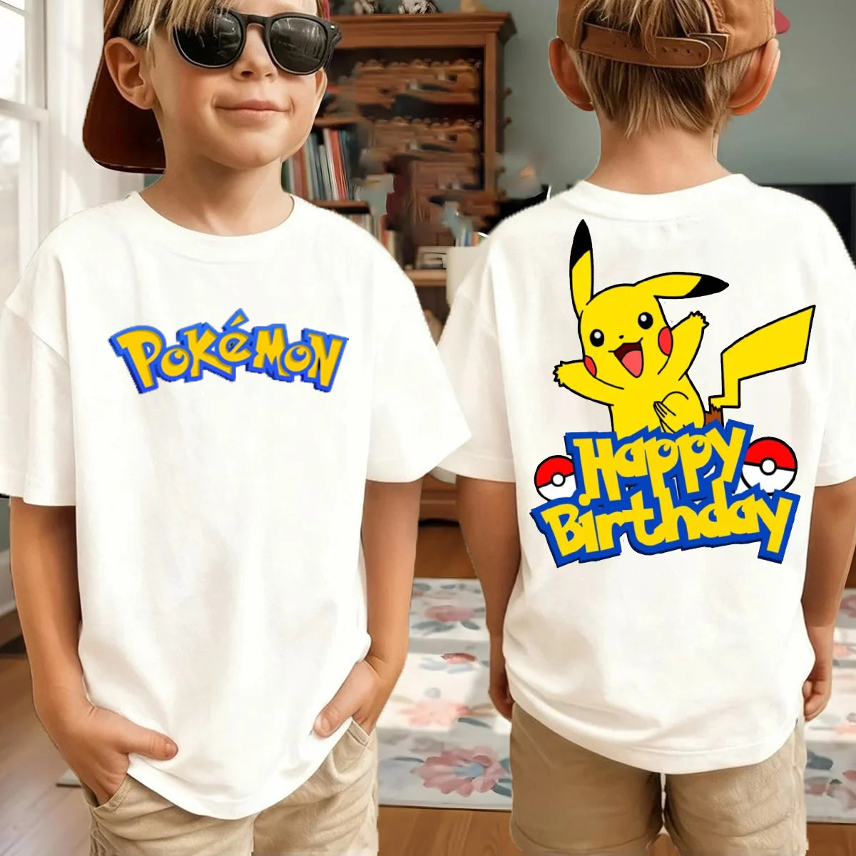 New Anime Pokemon Cosplay T Shirt Pure Cotton Short Sleeve Retro Loose Casual Family Matching Outfits For Men Women Kids