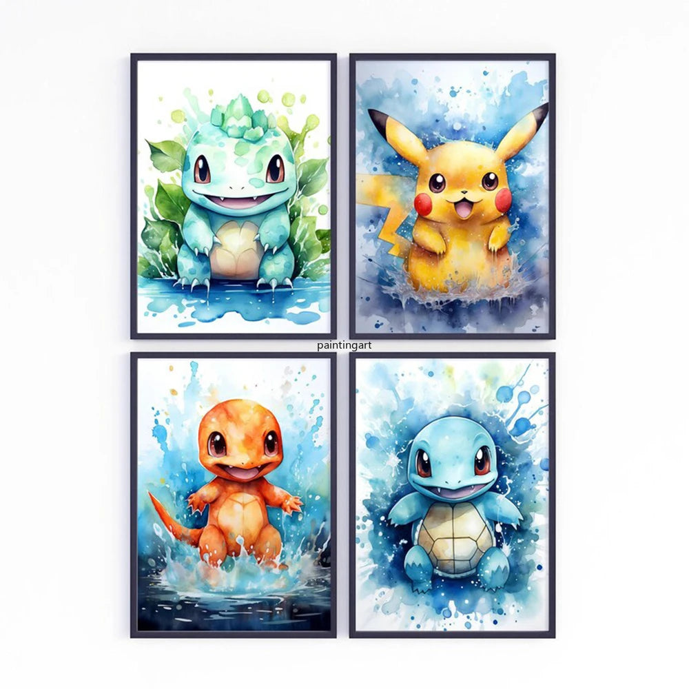Watercolor Pokemon Canvas Wall Art Pikachu Charmander Squirtle Bulbasaur Charizard Blastoise Anime Poster Kid Nursery Room Decor