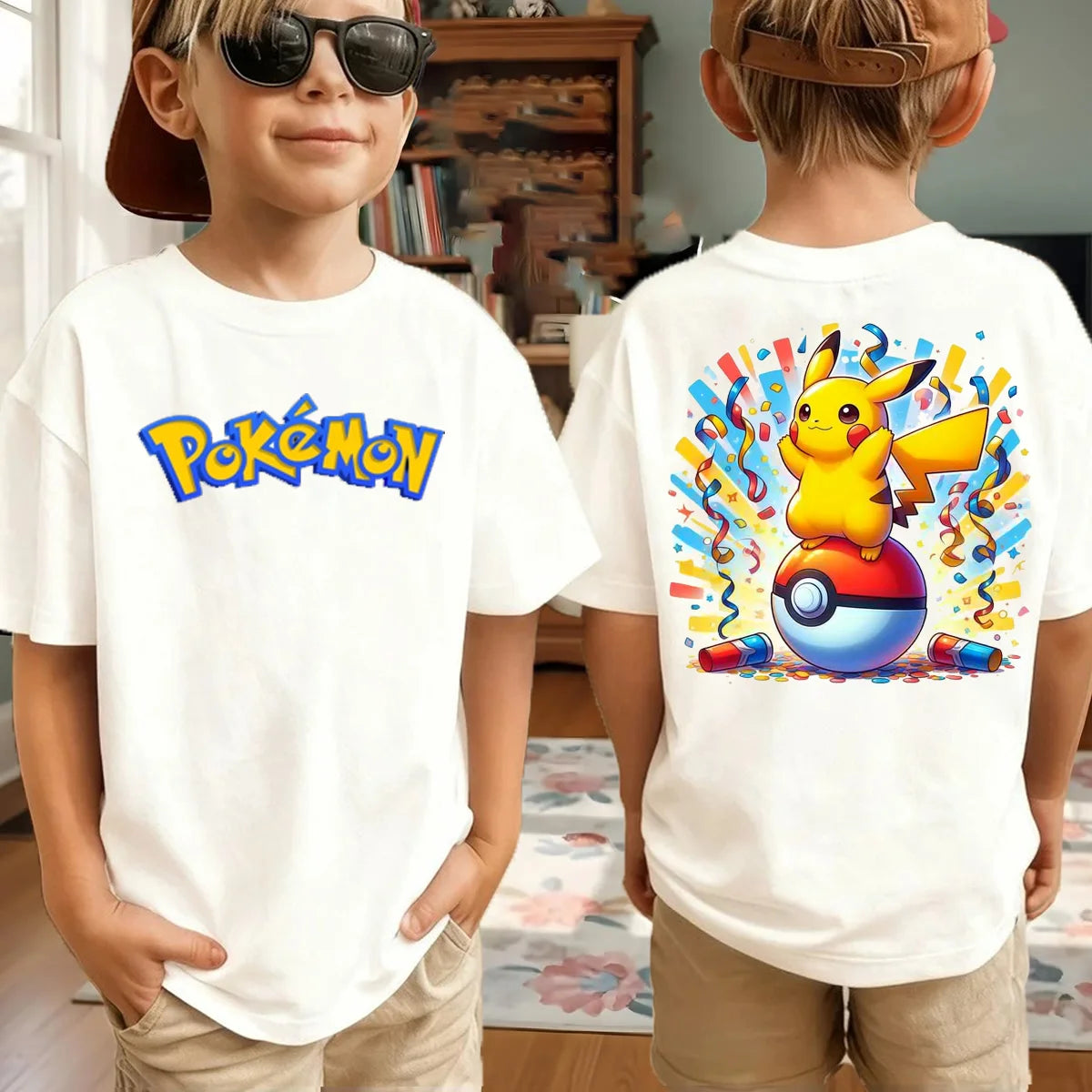 New Anime Pokemon Cosplay T Shirt Pure Cotton Short Sleeve Retro Loose Casual Family Matching Outfits For Men Women Kids