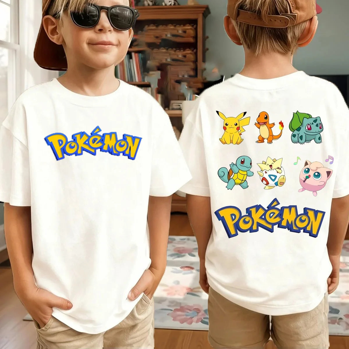 New Anime Pokemon Cosplay T Shirt Pure Cotton Short Sleeve Retro Loose Casual Family Matching Outfits For Men Women Kids