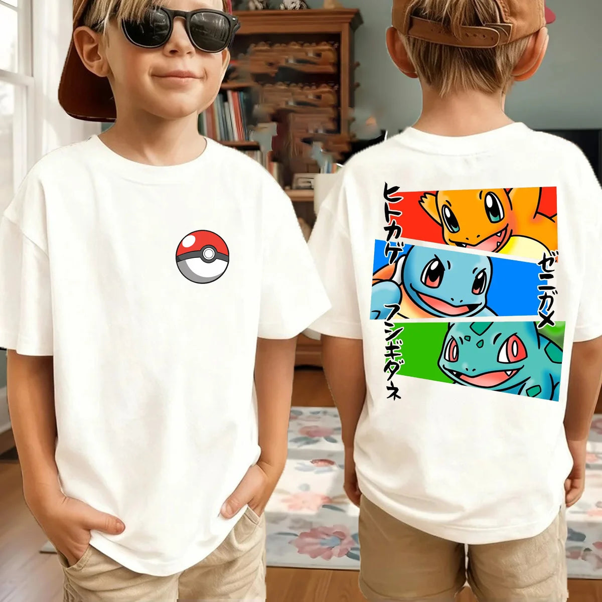 New Anime Pokemon Cosplay T Shirt Pure Cotton Short Sleeve Retro Loose Casual Family Matching Outfits For Men Women Kids