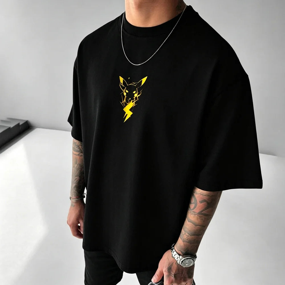 2026 Summer Pokemon Cotton T Shirt Pikachu Front Print Yellow Lightning Effects Black Tops Loose Fit Men Casual Streetwear