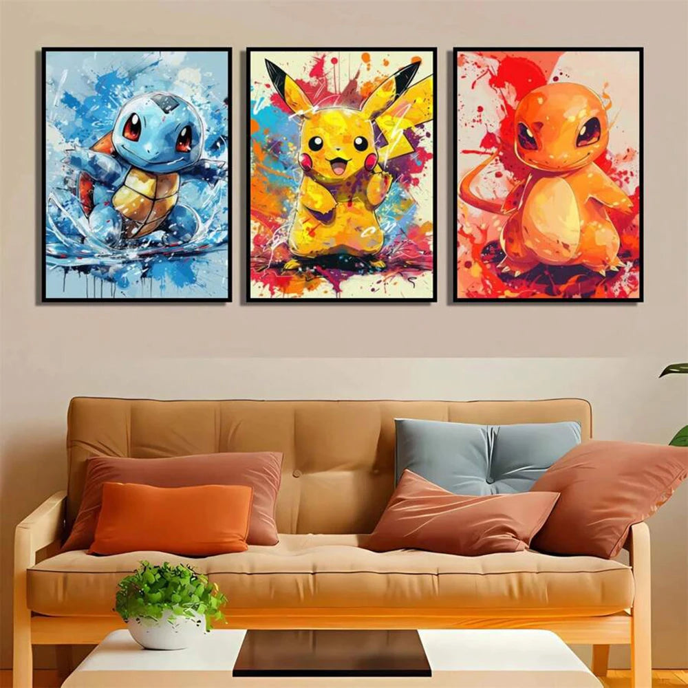 Frameless Anime Pokemon Pikachu Charmander Bulbasaur Squirtle Poster HD Canvas Painting Home Living Room Painting Wall Art  Gift