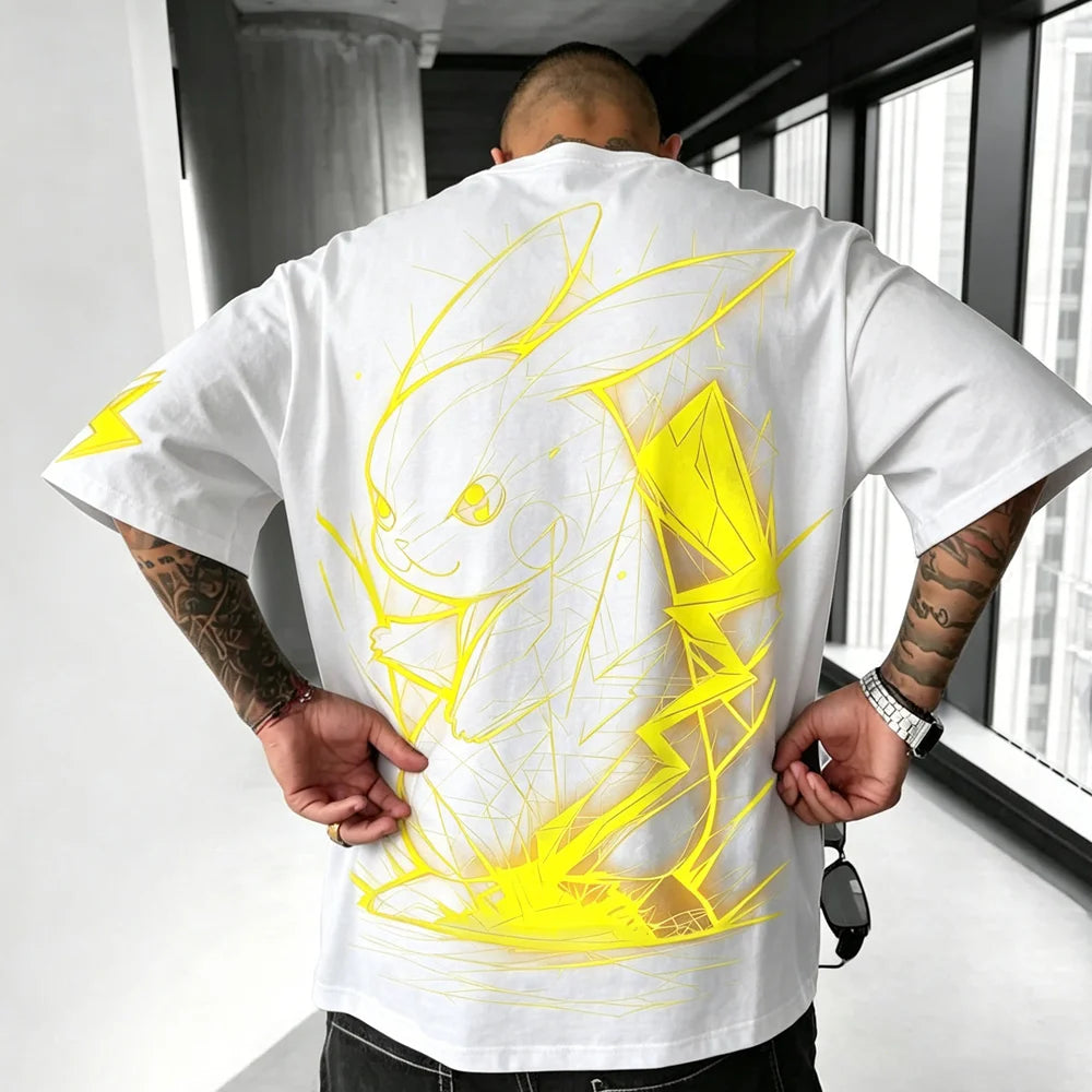 2026 Summer Pokemon Cotton T Shirt Pikachu Front Print Yellow Lightning Effects Black Tops Loose Fit Men Casual Streetwear