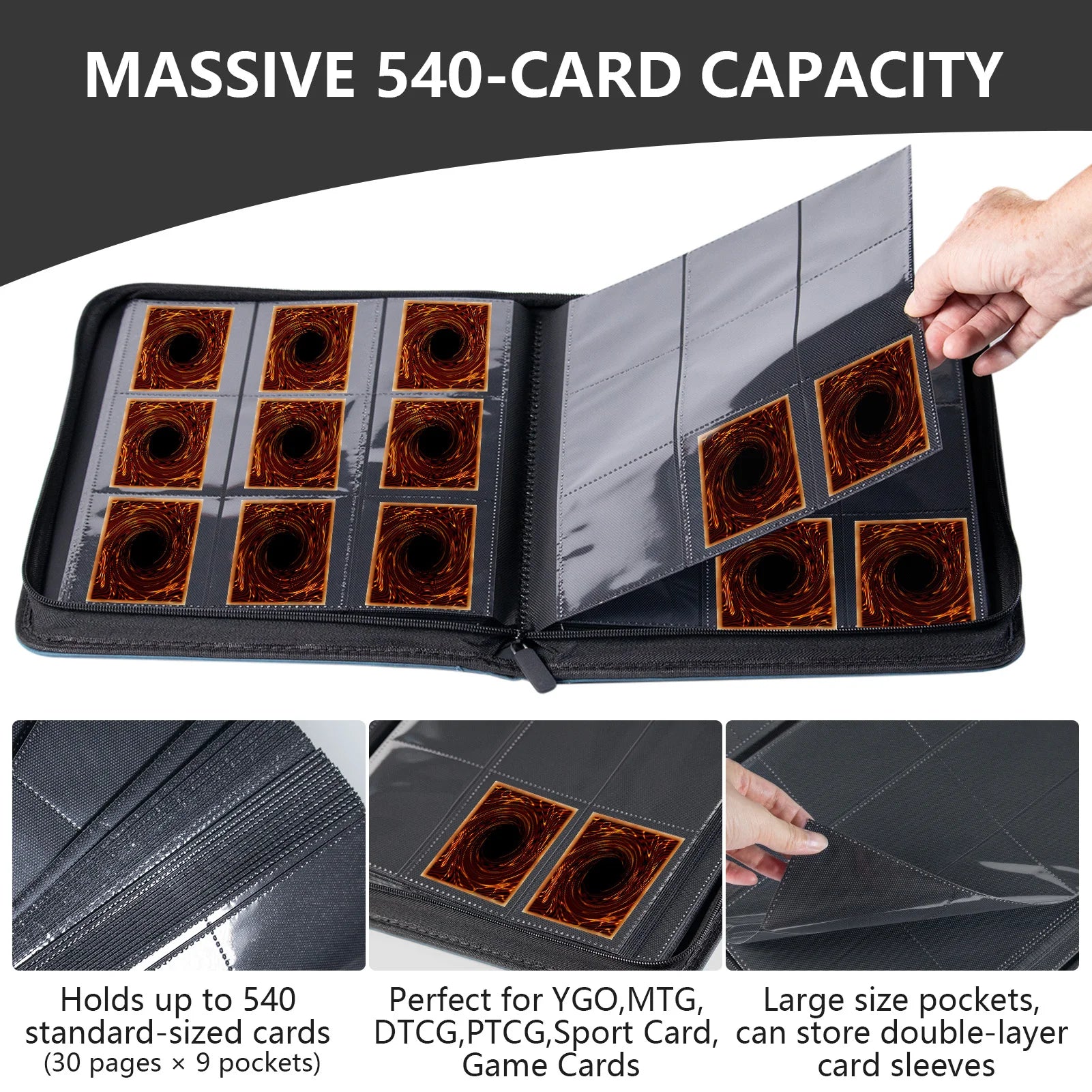 Trading card binder,Ringless Zip laser foiling Binder,540 Double Sided Pocket Collectible Trading Card Albums for yugioh,MTG,