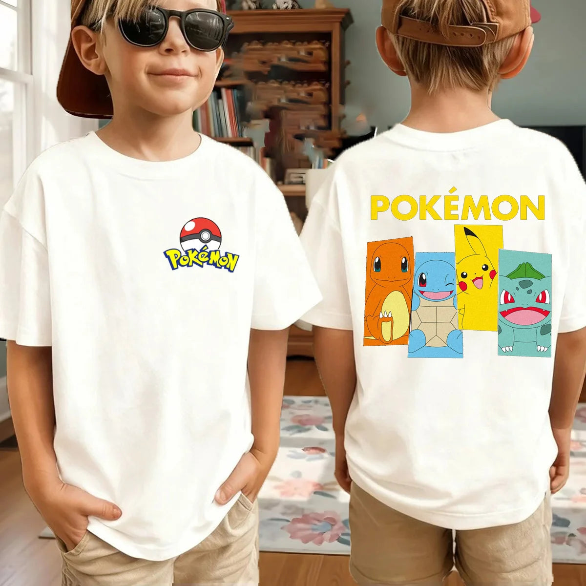 New Anime Pokemon Cosplay T Shirt Pure Cotton Short Sleeve Retro Loose Casual Family Matching Outfits For Men Women Kids