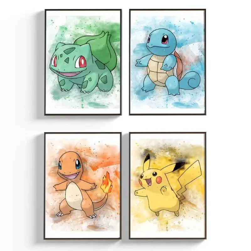 Anime Pokemon Canvas Painting Bulbasaur Charmander Squirtle Poster and Print Watercolor Wall Art Picture Home Decor Kids Gift