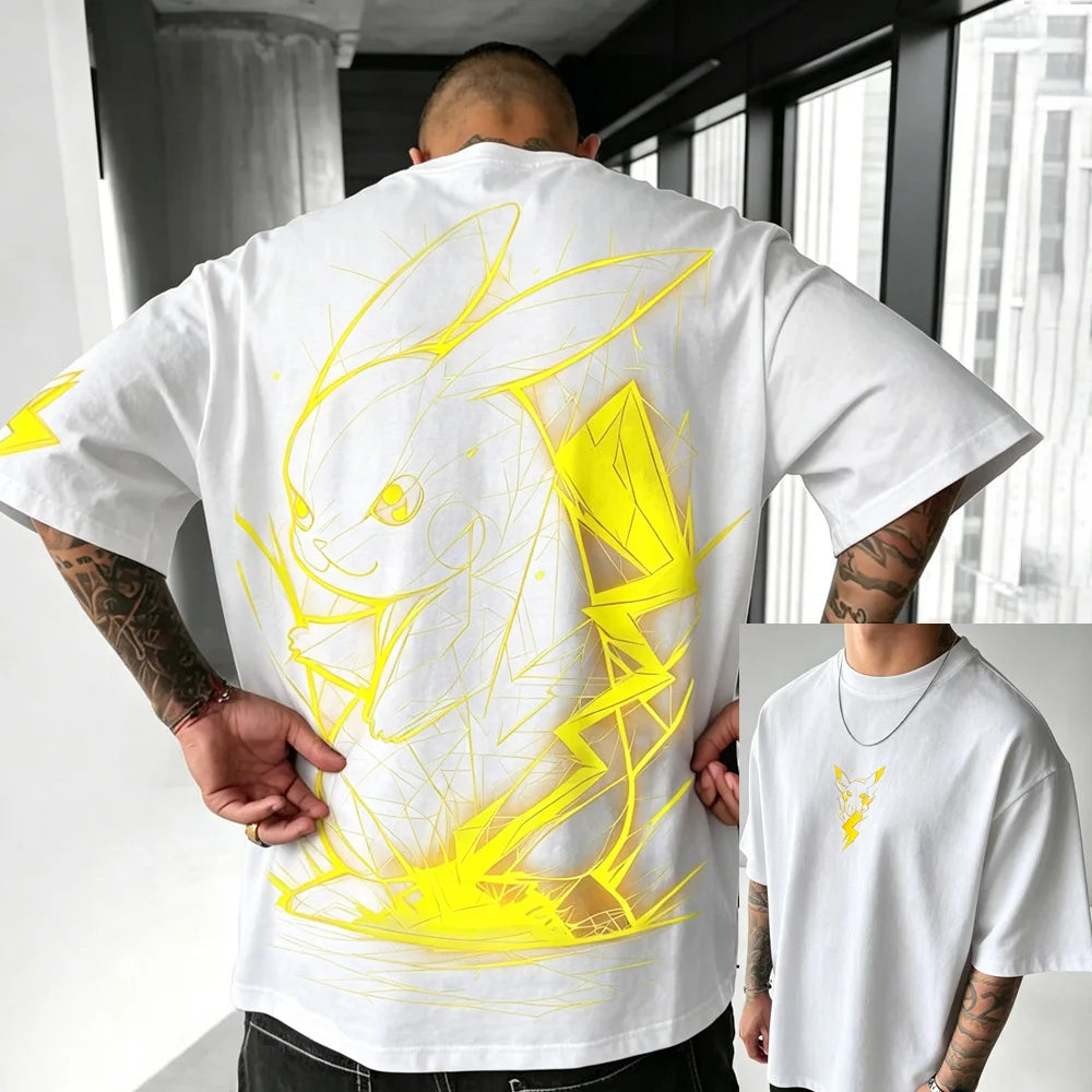 2026 Summer Pokemon Cotton T Shirt Pikachu Front Print Yellow Lightning Effects Black Tops Loose Fit Men Casual Streetwear