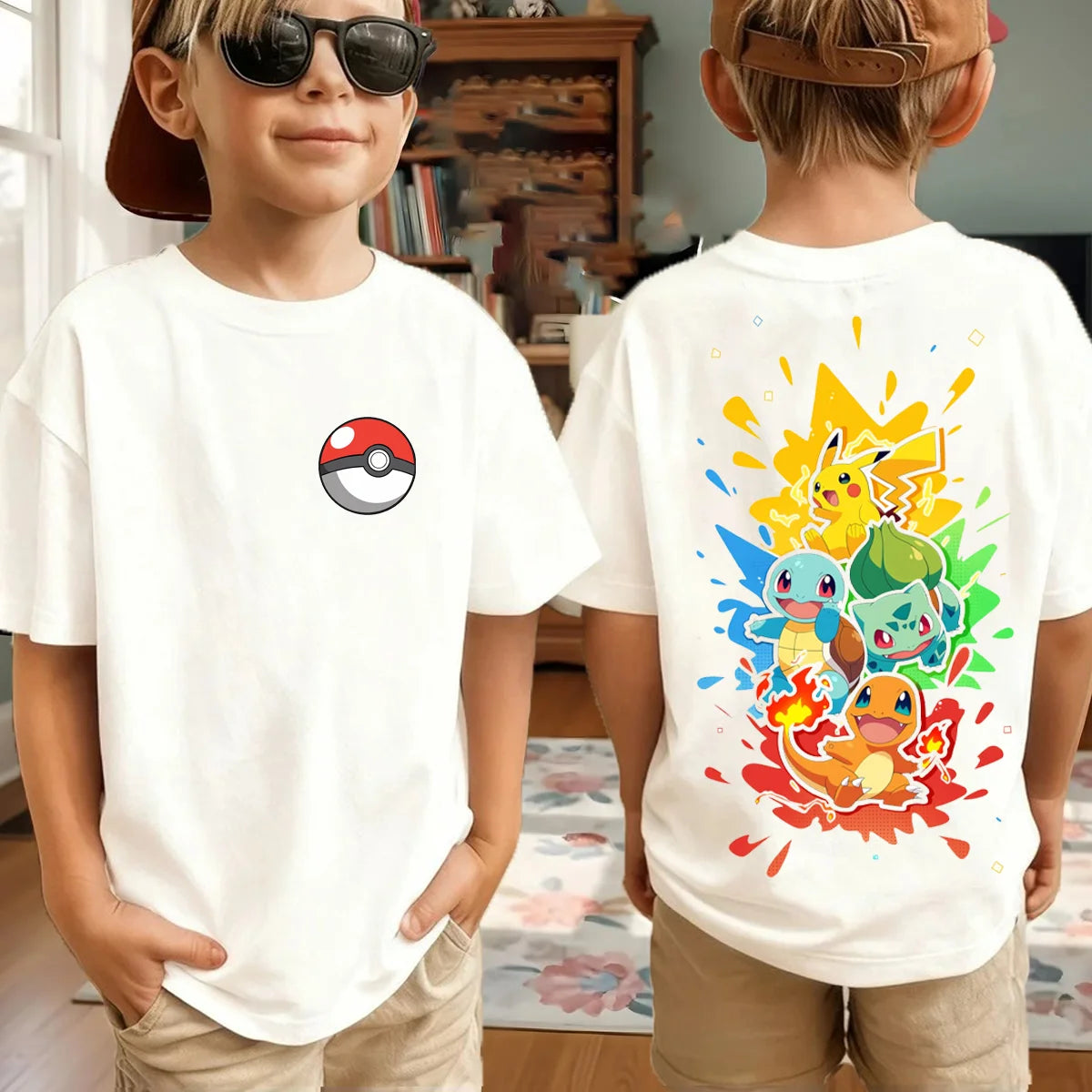 New Anime Pokemon Cosplay T Shirt Pure Cotton Short Sleeve Retro Loose Casual Family Matching Outfits For Men Women Kids