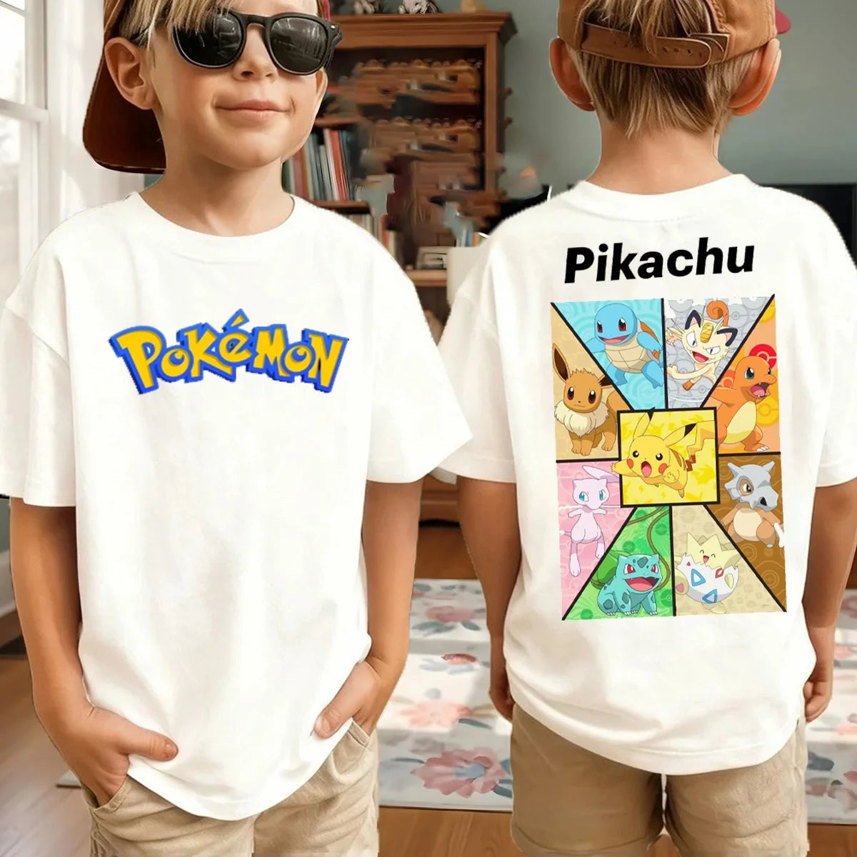 New Anime Pokemon Cosplay T Shirt Pure Cotton Short Sleeve Retro Loose Casual Family Matching Outfits For Men Women Kids