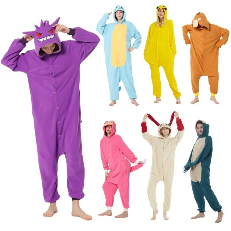 Anime Cartoon Pokemon Pikachu Bulbasaur Gengar One-Piece Pajamas Autumn Winter New Cosplay Casual Home Pajamas Gift for Friends