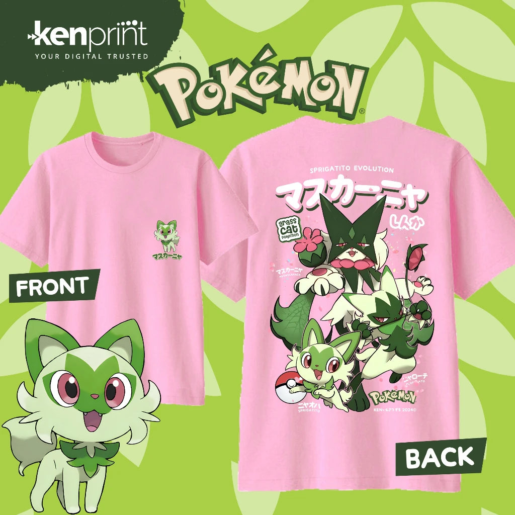2026 Summer Hot Sale Pokemon Sprigatito Evolution Cotton T-Shirt, Loose Casual Sport Tee for Adults Kids, Family Matching Tops