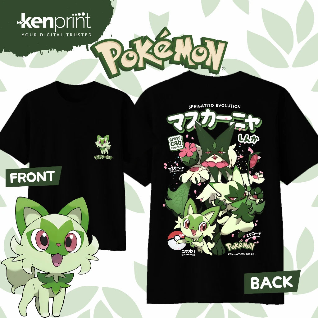 2026 Summer Hot Sale Pokemon Sprigatito Evolution Cotton T-Shirt, Loose Casual Sport Tee for Adults Kids, Family Matching Tops